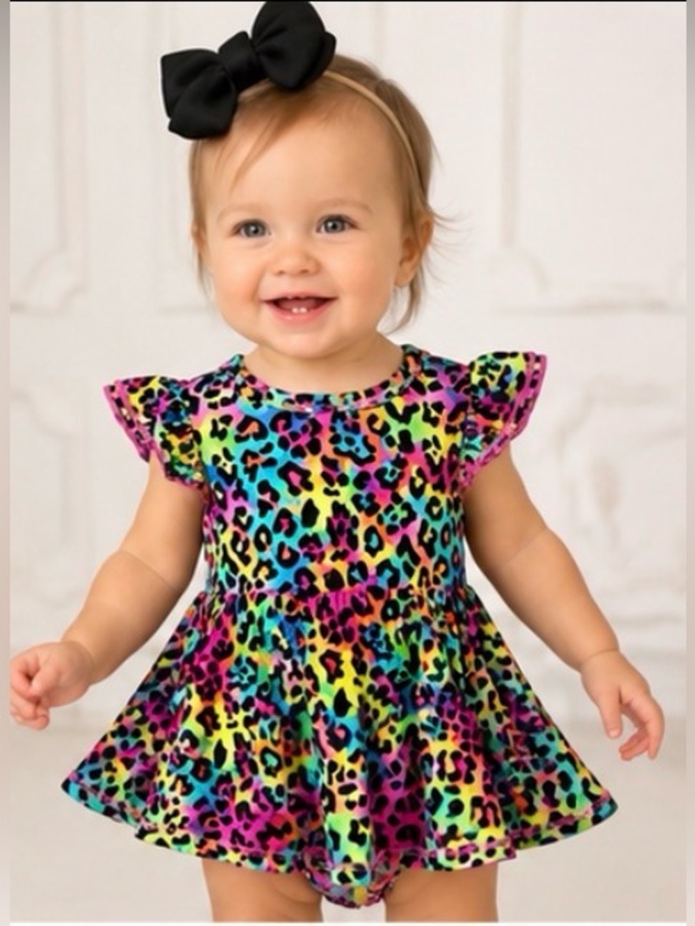 Bums & Roses Rainbow Leopard Ruffle Butt Twirl Dress Romper 18-24M - Picture 2 of 8